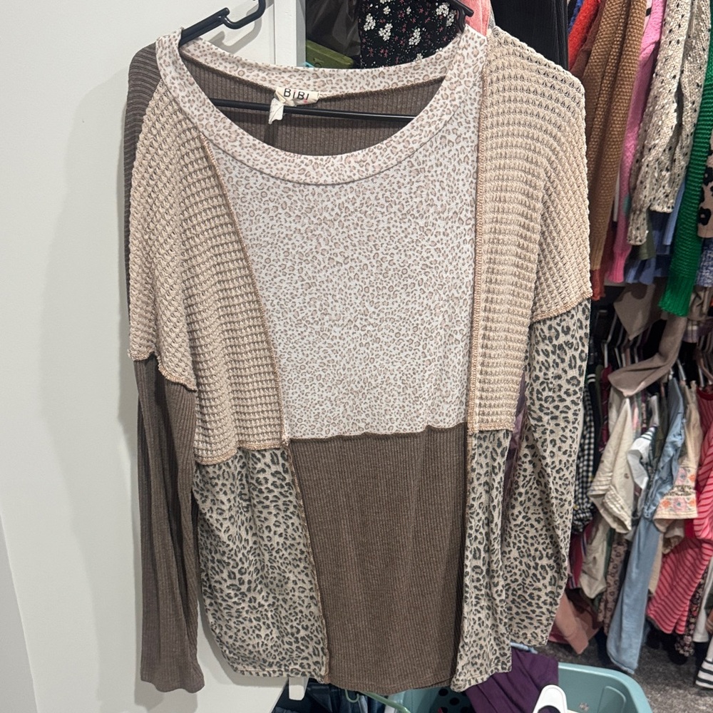 BiBi Leopard and Waffle Knit Patchwork Top